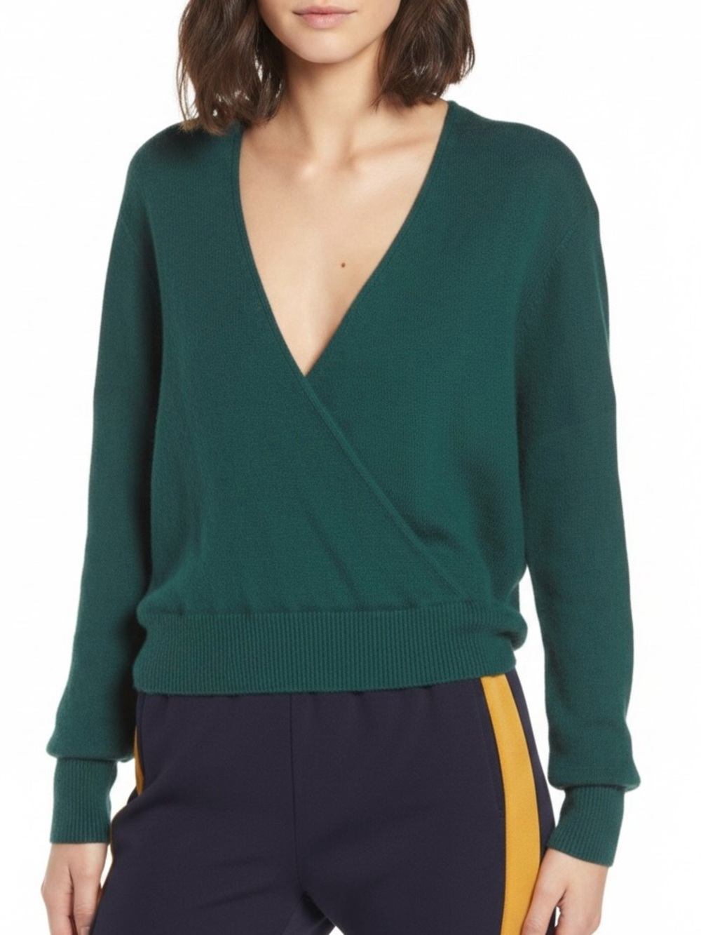 Leith Ribbed Faux Wrap Sweater Green Bug Surplice V-Neck XXS